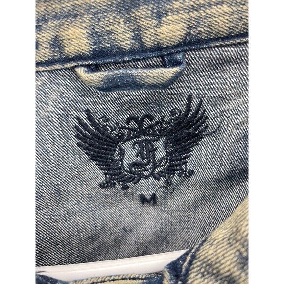 FUSAI Jean Jacket Men’s Size M Blue Distressed Stretch Denim Button Front - Picture 3 of 8